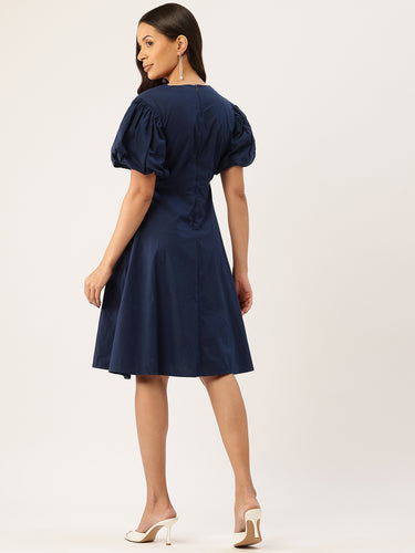 Puff Sleeve Fit & Flare Midi Dress